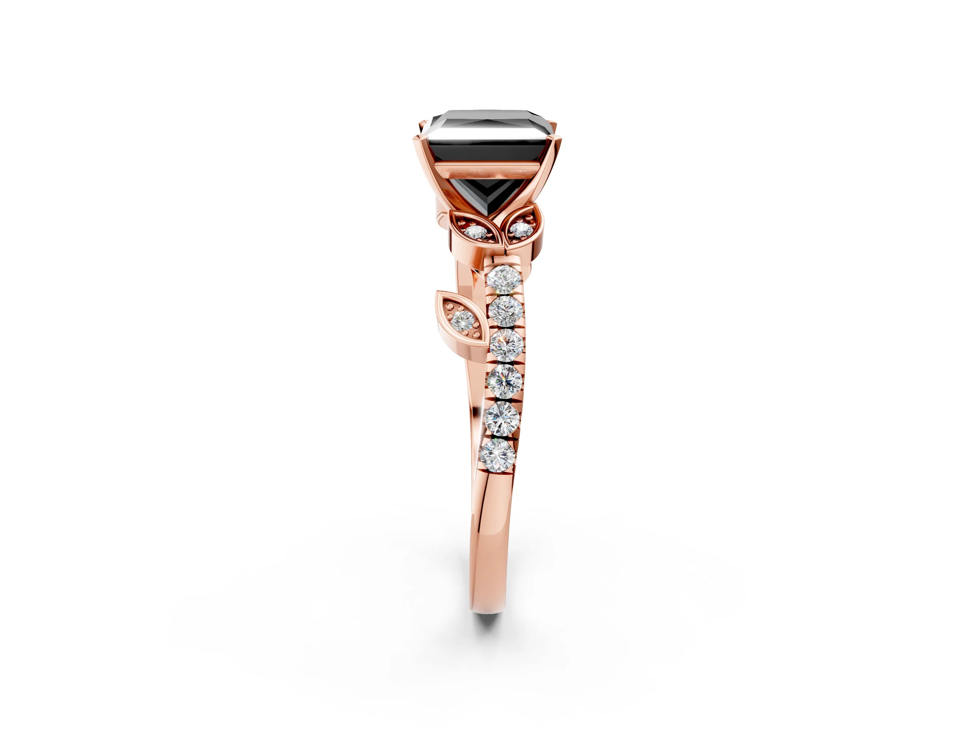 Rose gold Fancy Black Princess Cut Solitaire Leaf-Inspired Diamond Ring with Pavé Band and Four-Prong Setting_10