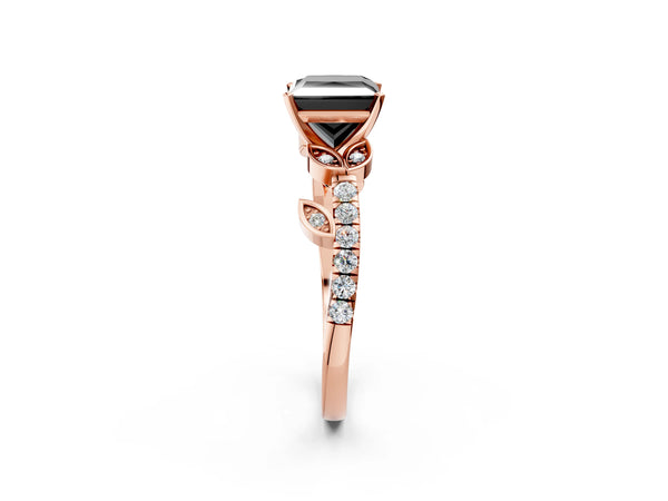 Rose Gold Princess Cut Leaf Solitaire Engagement Ring Setting for Black Center with Pave Band