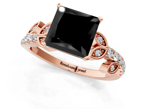 Rose gold Fancy Black Princess Cut Solitaire Leaf-Inspired Diamond Ring with Pavé Band and Four-Prong Setting_1