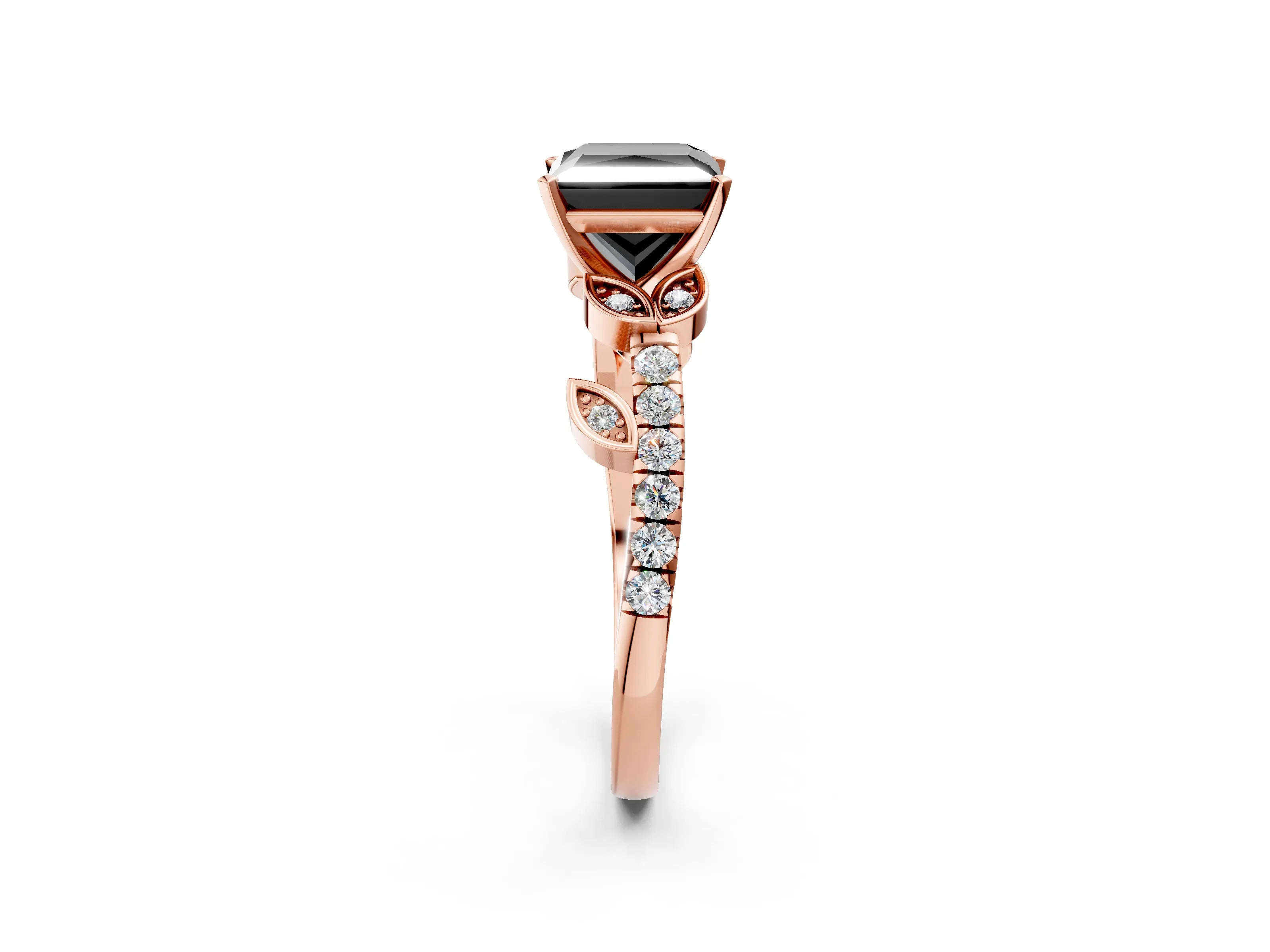 Rose gold Fancy Black Princess Cut Solitaire Leaf-Inspired Diamond Ring with Pavé Band and Four-Prong Setting_2