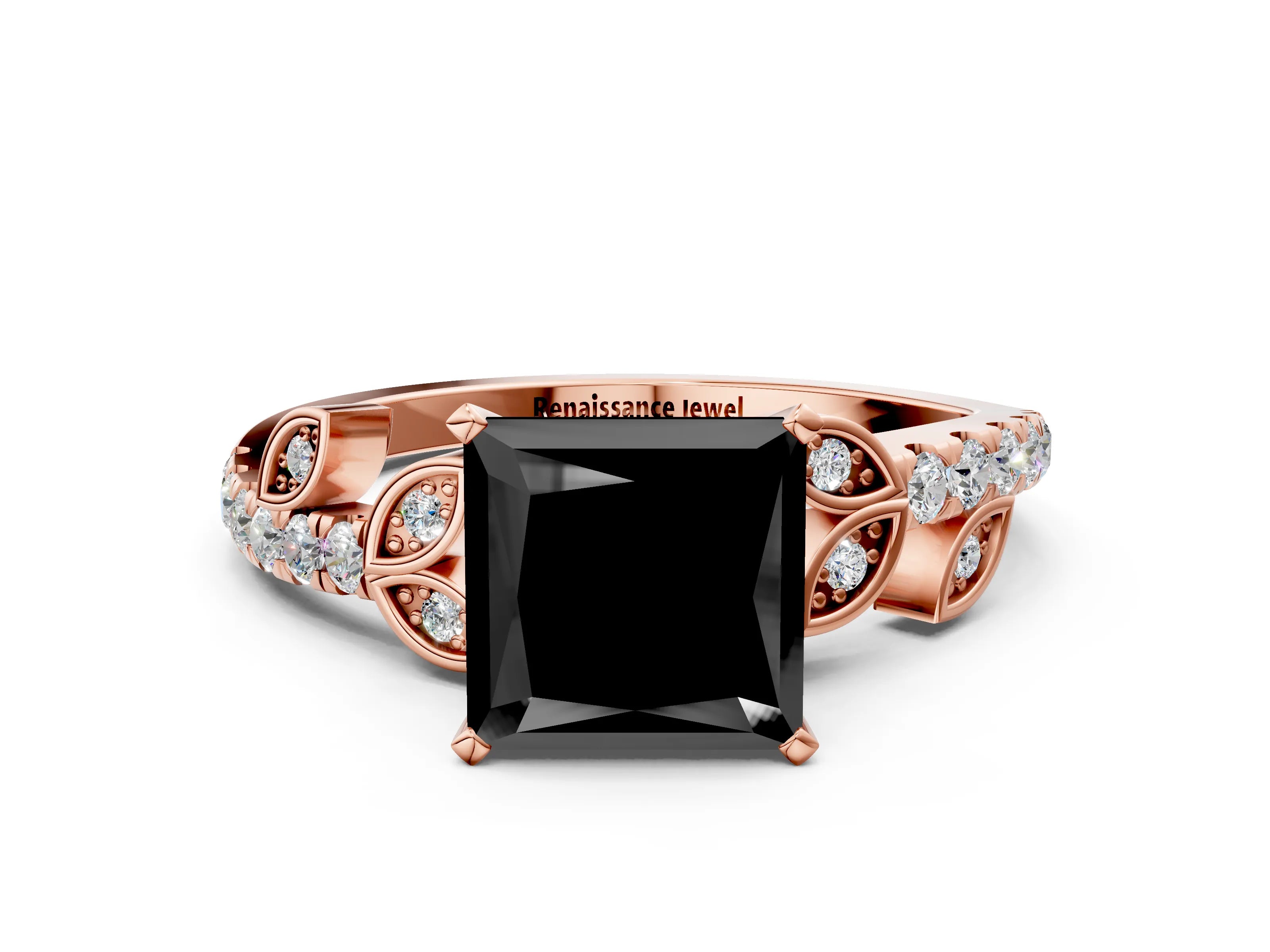 Rose gold Fancy Black Princess Cut Solitaire Leaf-Inspired Diamond Ring with Pavé Band and Four-Prong Setting_20