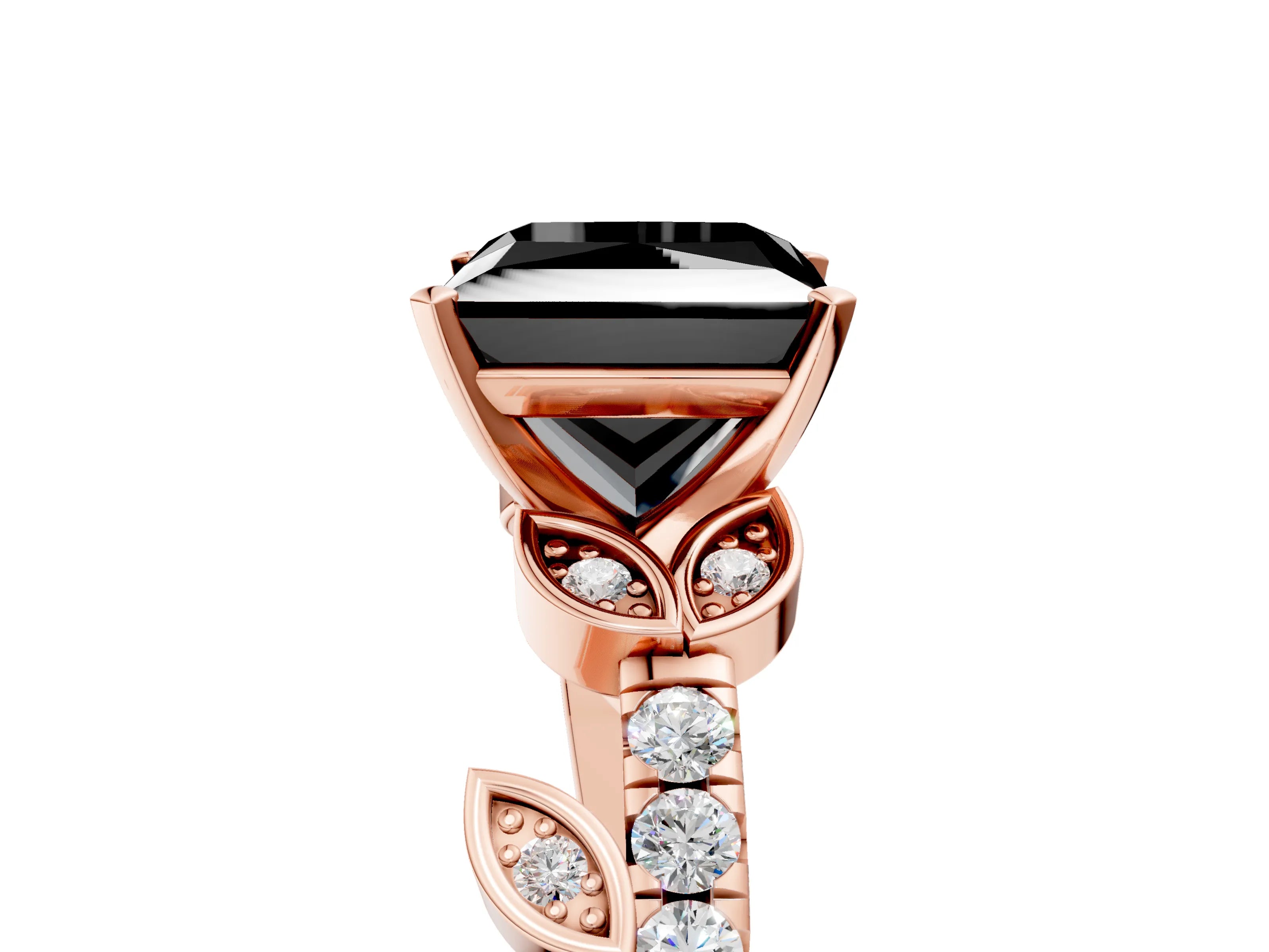 Rose gold Fancy Black Princess Cut Solitaire Leaf-Inspired Diamond Ring with Pavé Band and Four-Prong Setting_5