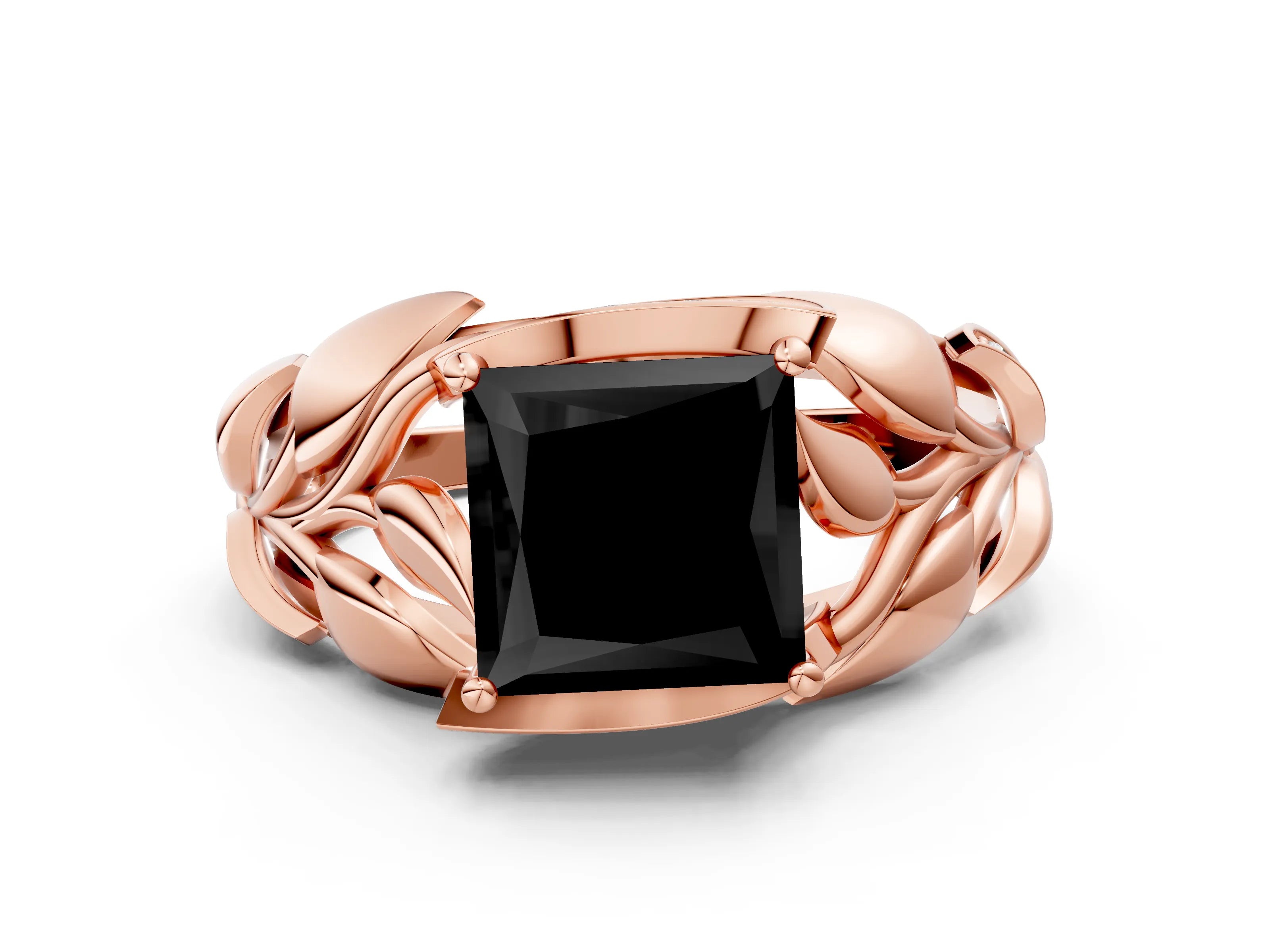 Rose gold Fancy Black Princess Cut Solitaire Leaf-Inspired Engagement Ring with Prong Setting