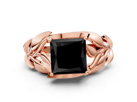 Rose gold Fancy Black Princess Cut Solitaire Leaf-Inspired Engagement Ring with Prong Setting