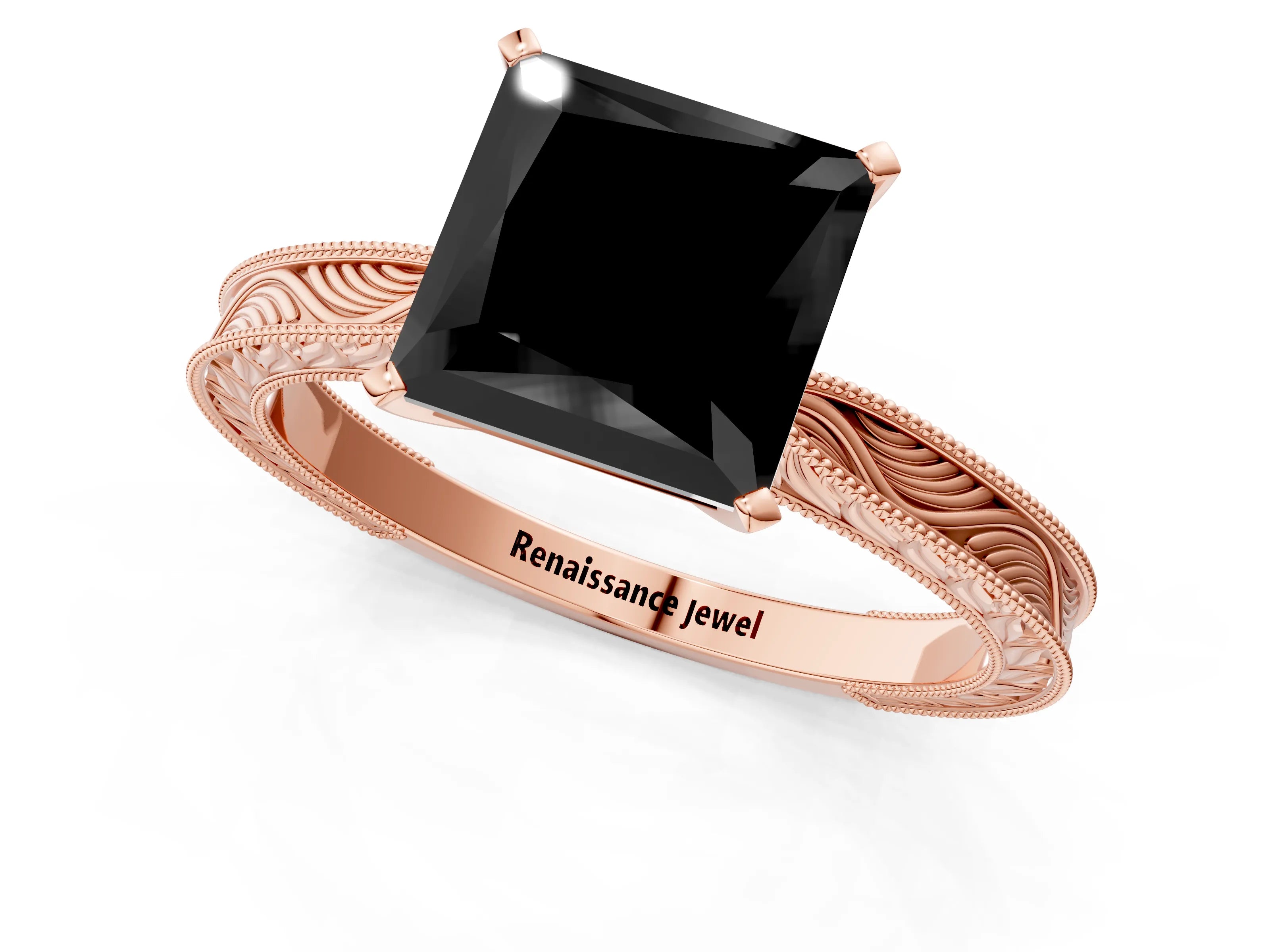 Rose gold Fancy Black Princess Cut Solitaire Milgrain Engraved Band with Four-Prong Setting_1