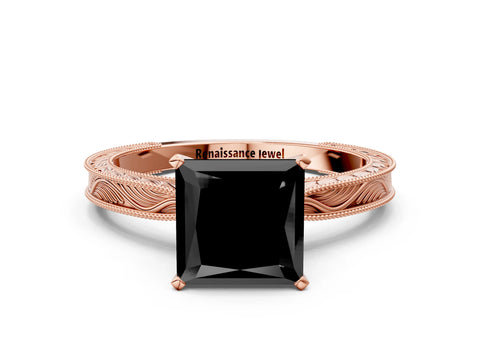 Rose gold Fancy Black Princess Cut Solitaire Milgrain Engraved Band with Four-Prong Setting