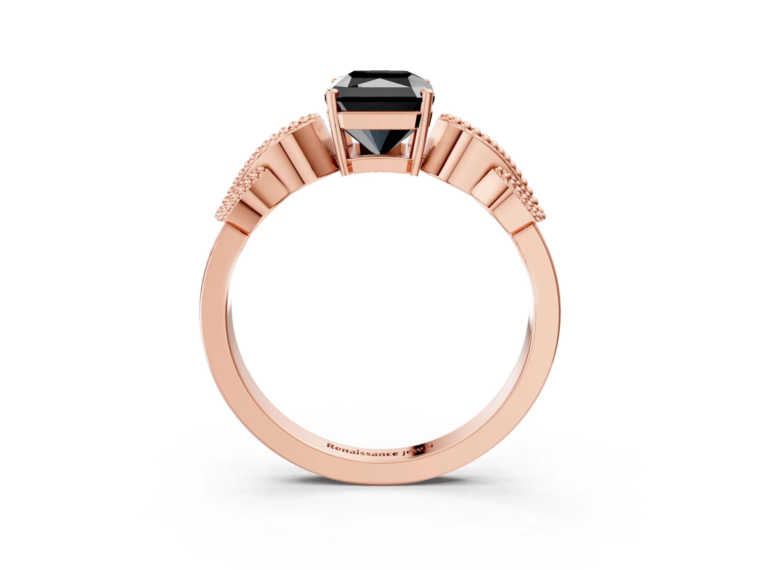 Rose gold Fancy Black Princess Cut Solitaire Milgrain Leaf Band with Prong Setting_3