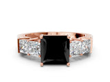 Rose gold Fancy Black Princess Cut Solitaire Princess Side Stone Engraved Band Prong Setting Ring