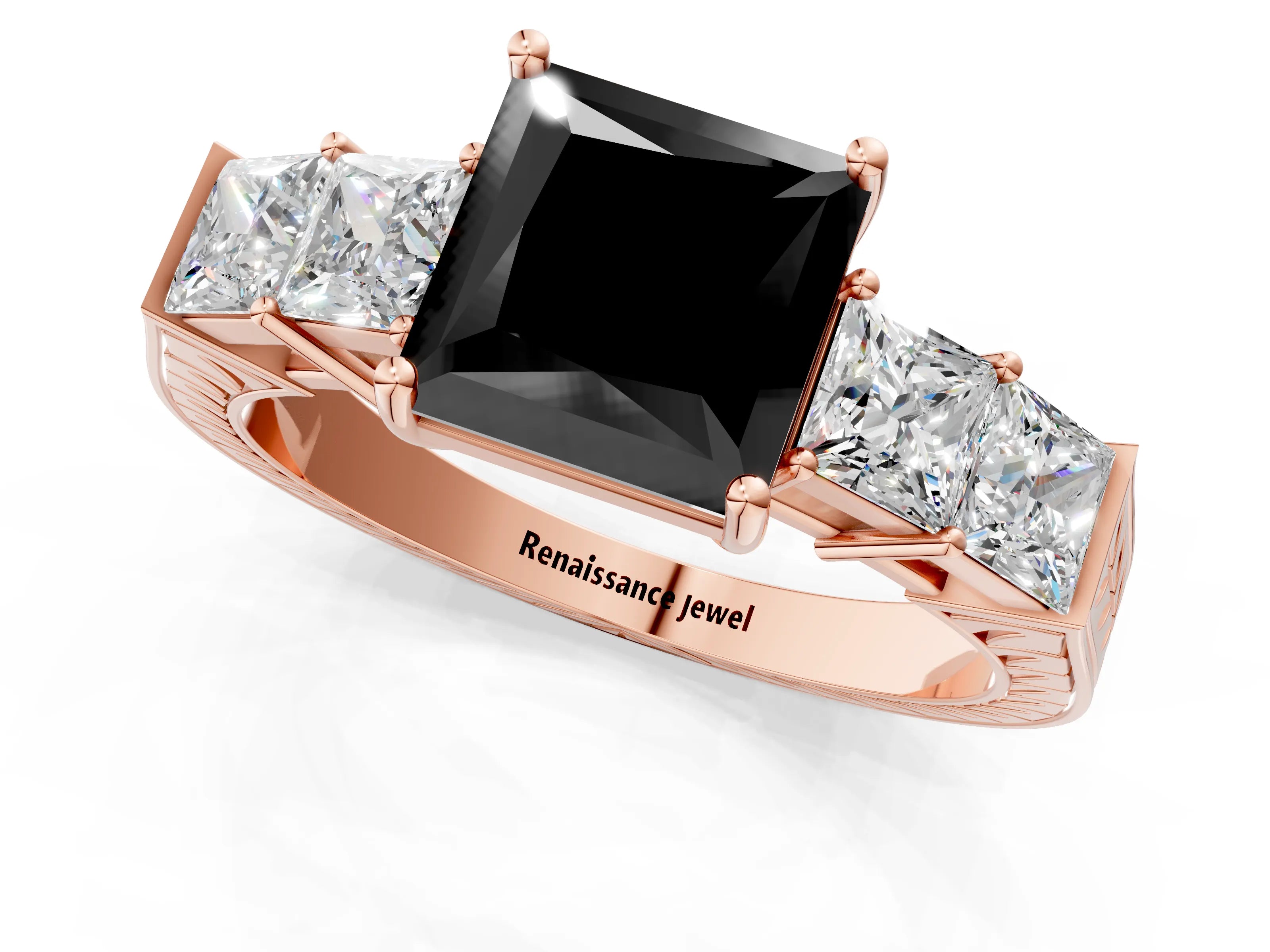 Rose gold Fancy Black Princess Cut Solitaire Princess Side Stone Engraved Band Prong Setting Ring_1