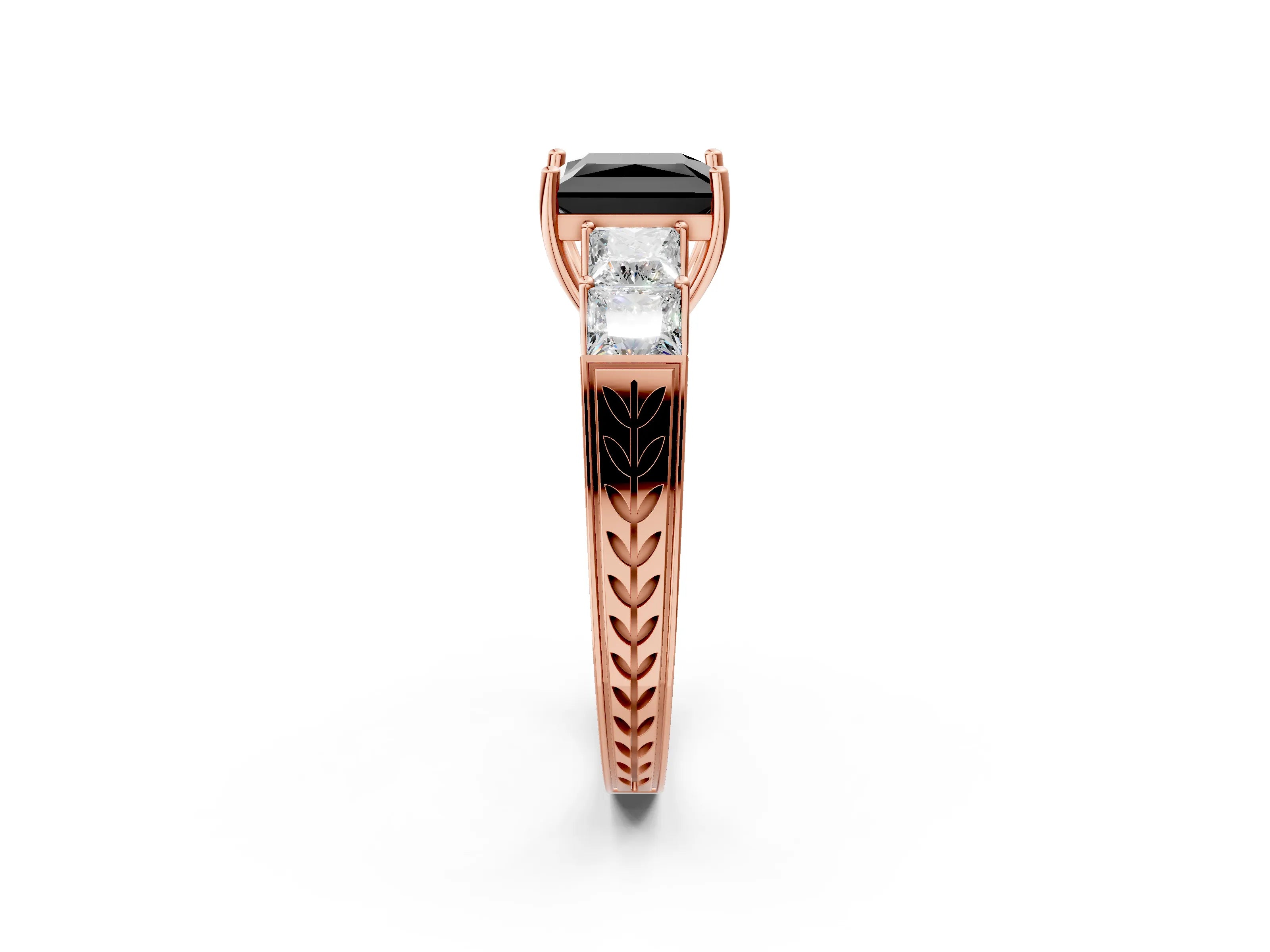 Rose gold Fancy Black Princess Cut Solitaire Princess Side Stone Engraved Band Prong Setting Ring_2