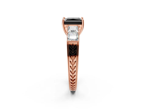 Rose gold Fancy Black Princess Cut Solitaire Princess Side Stone Engraved Band Prong Setting Ring_2