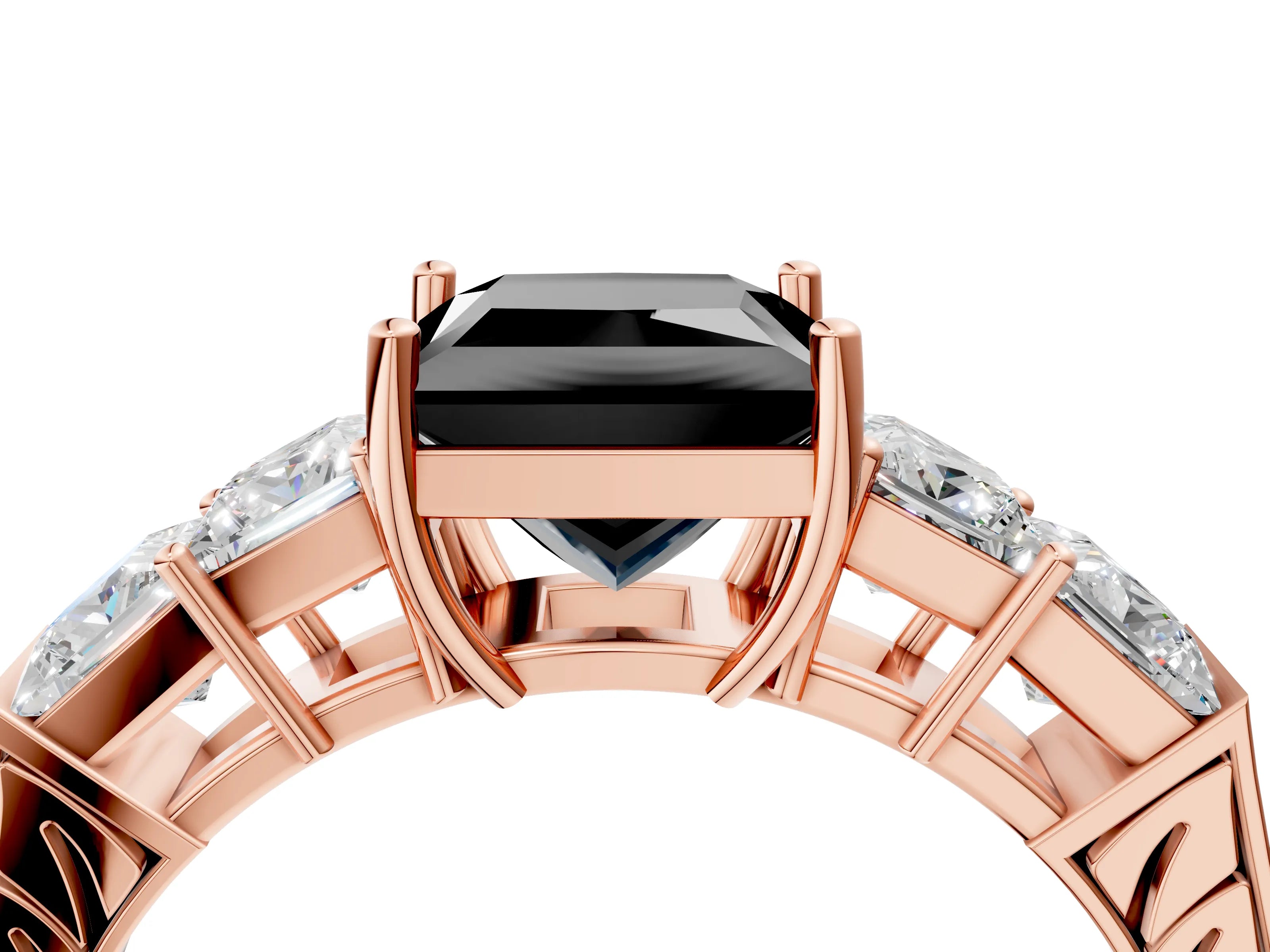 Rose gold Fancy Black Princess Cut Solitaire Princess Side Stone Engraved Band Prong Setting Ring_4