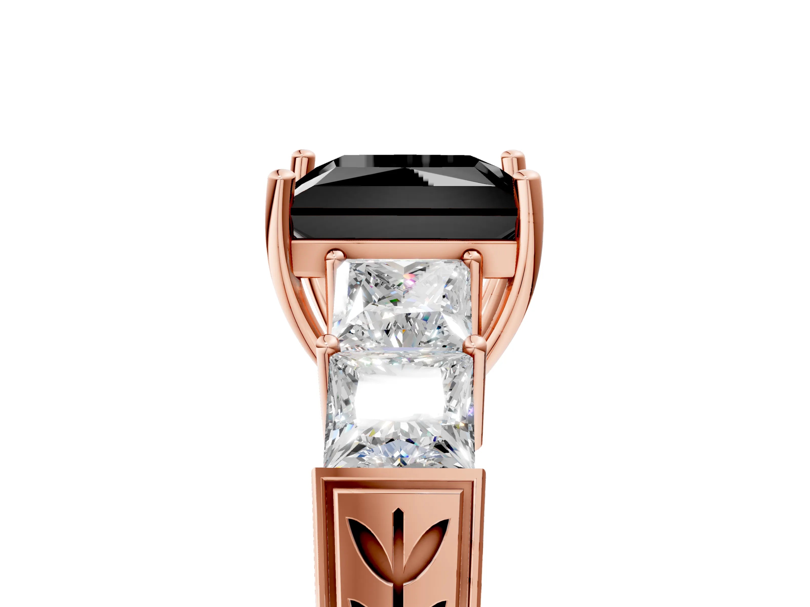 Rose gold Fancy Black Princess Cut Solitaire Princess Side Stone Engraved Band Prong Setting Ring_5