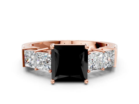 Rose gold Fancy Black Princess Cut Solitaire Princess Side Stone Engraved Band Prong Setting Ring