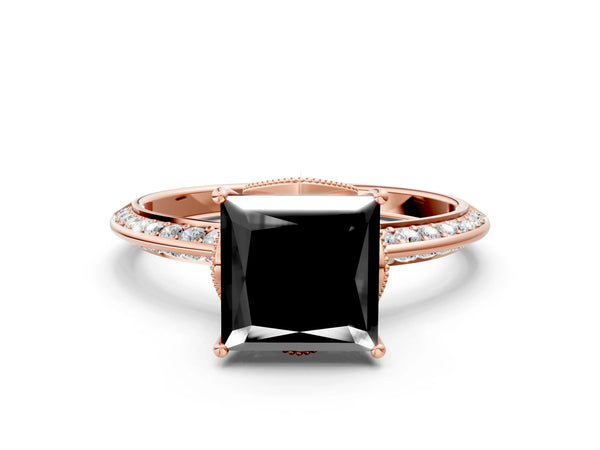 Rose Gold Princess Cut Graduated Pave Engagement Ring Setting for Black Center