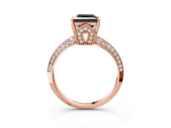 Rose Gold Princess Cut Graduated Pave Engagement Ring Setting for Black Center