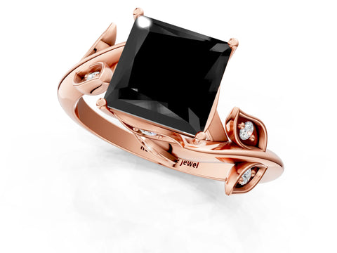 Rose gold Fancy Black Princess Cut Solitaire Twist Engagement Ring with Leaf Accents and Prong Setting_13