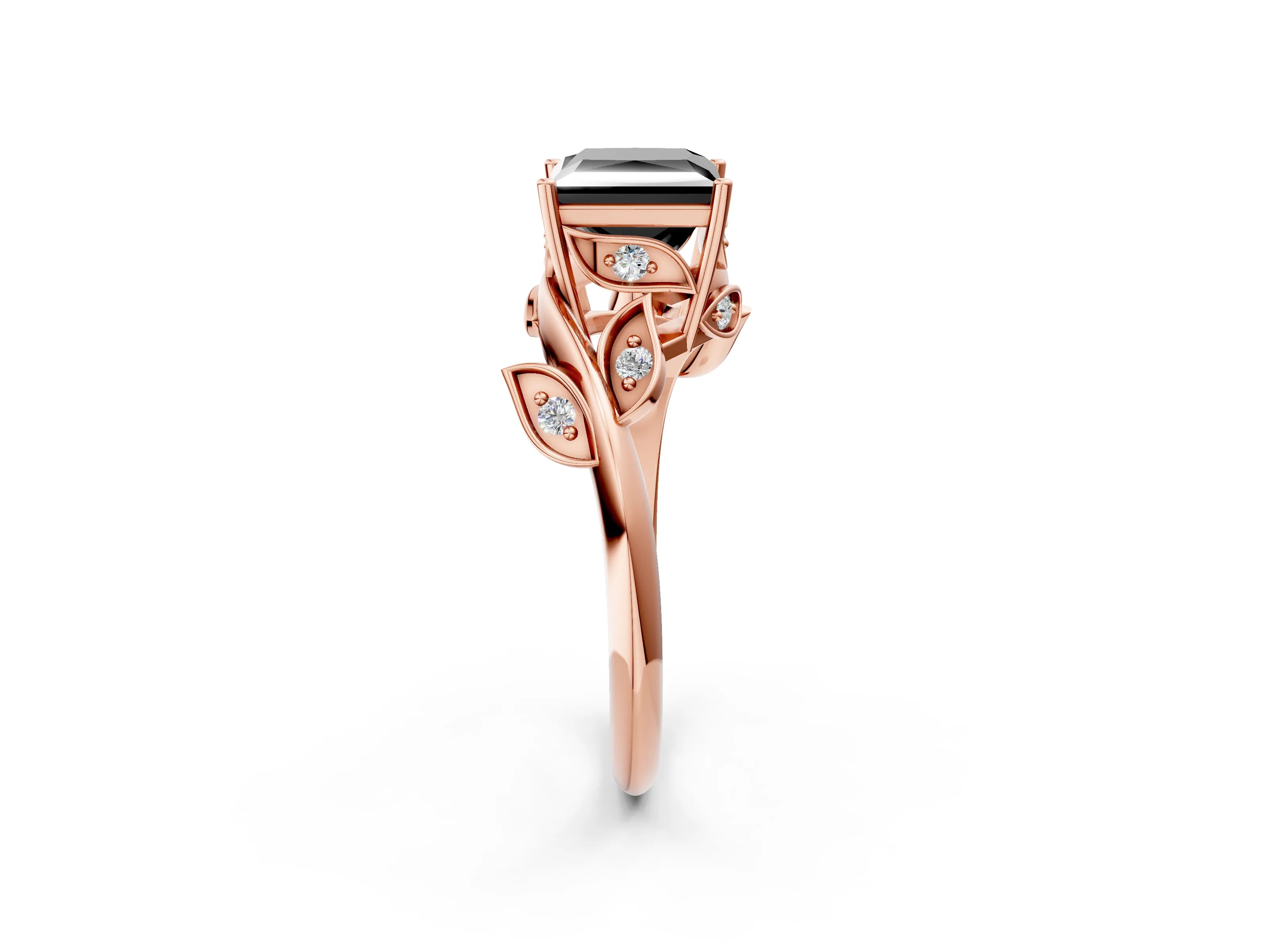 Rose gold Fancy Black Princess Cut Solitaire Twist Engagement Ring with Leaf Accents and Prong Setting_14