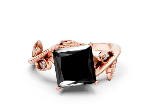 Rose gold Fancy Black Princess Cut Solitaire Twist Engagement Ring with Leaf Accents and Prong Setting_18