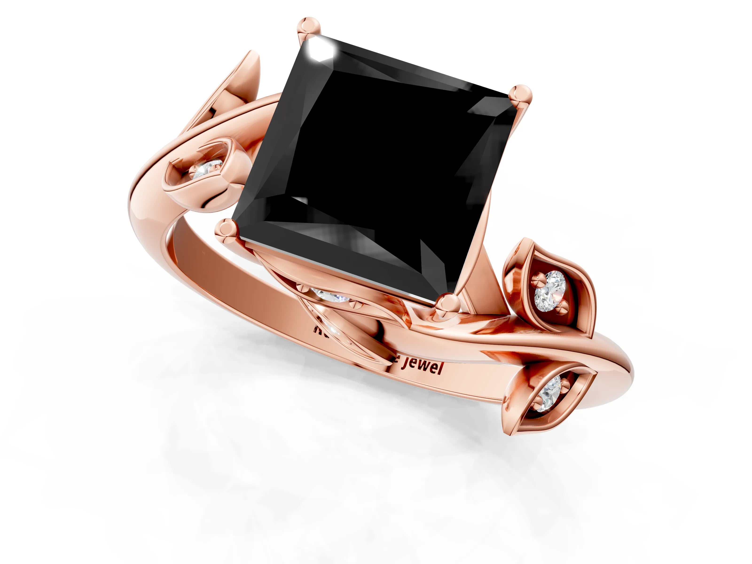 Rose gold Fancy Black Princess Cut Solitaire Twist Engagement Ring with Leaf Accents and Prong Setting_19