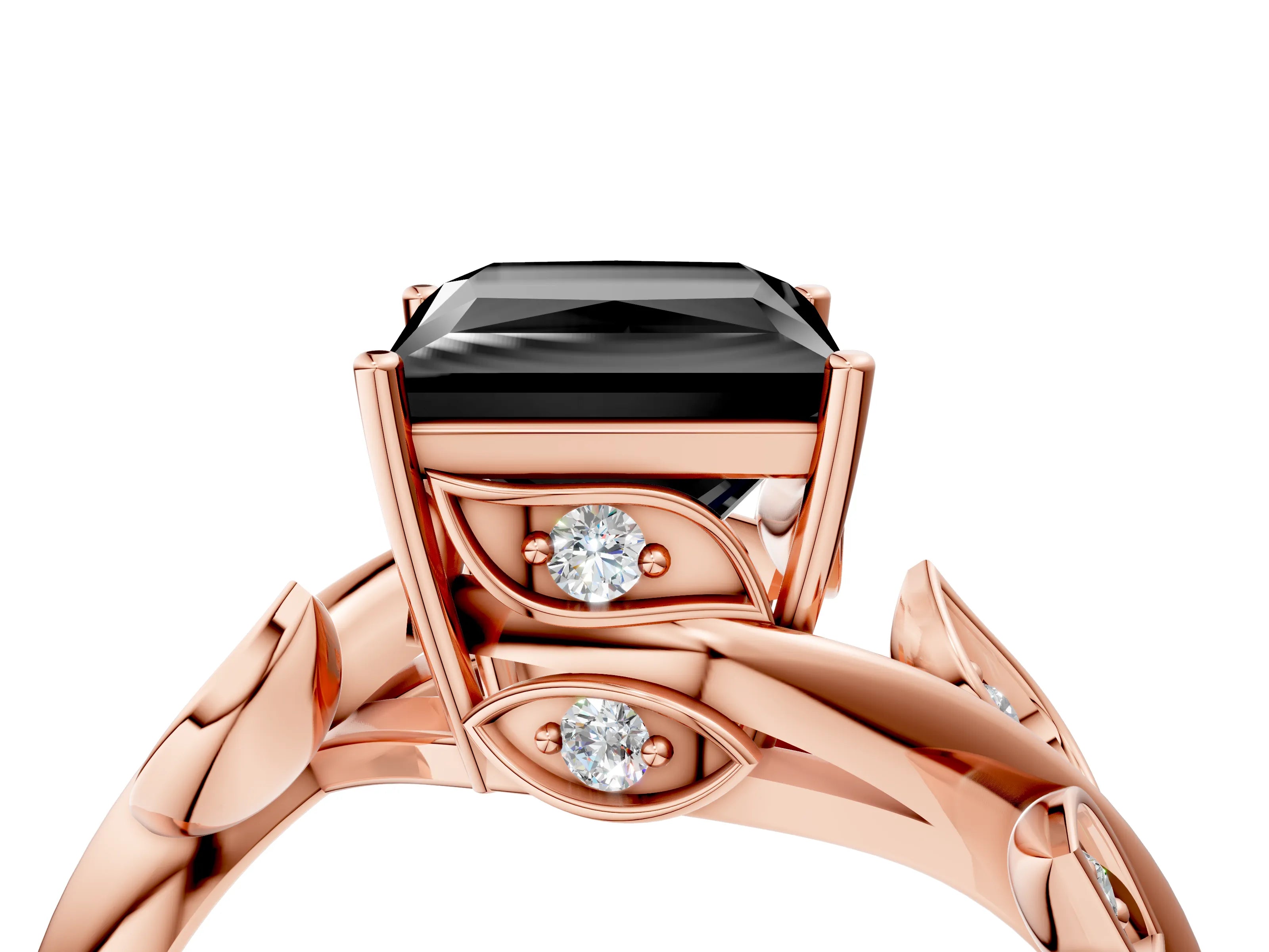 Rose gold Fancy Black Princess Cut Solitaire Twist Engagement Ring with Leaf Accents and Prong Setting_22