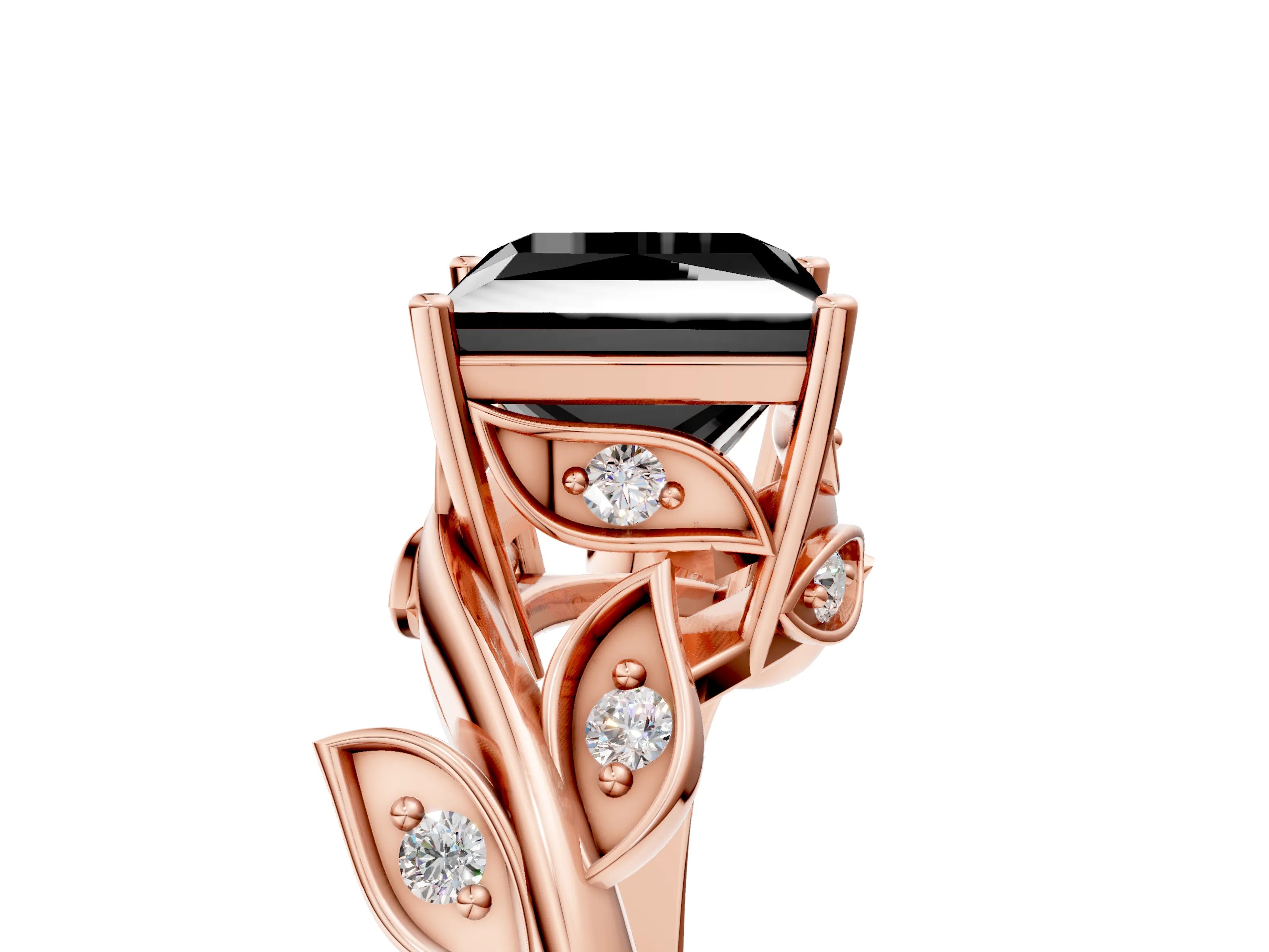 Rose gold Fancy Black Princess Cut Solitaire Twist Engagement Ring with Leaf Accents and Prong Setting_23