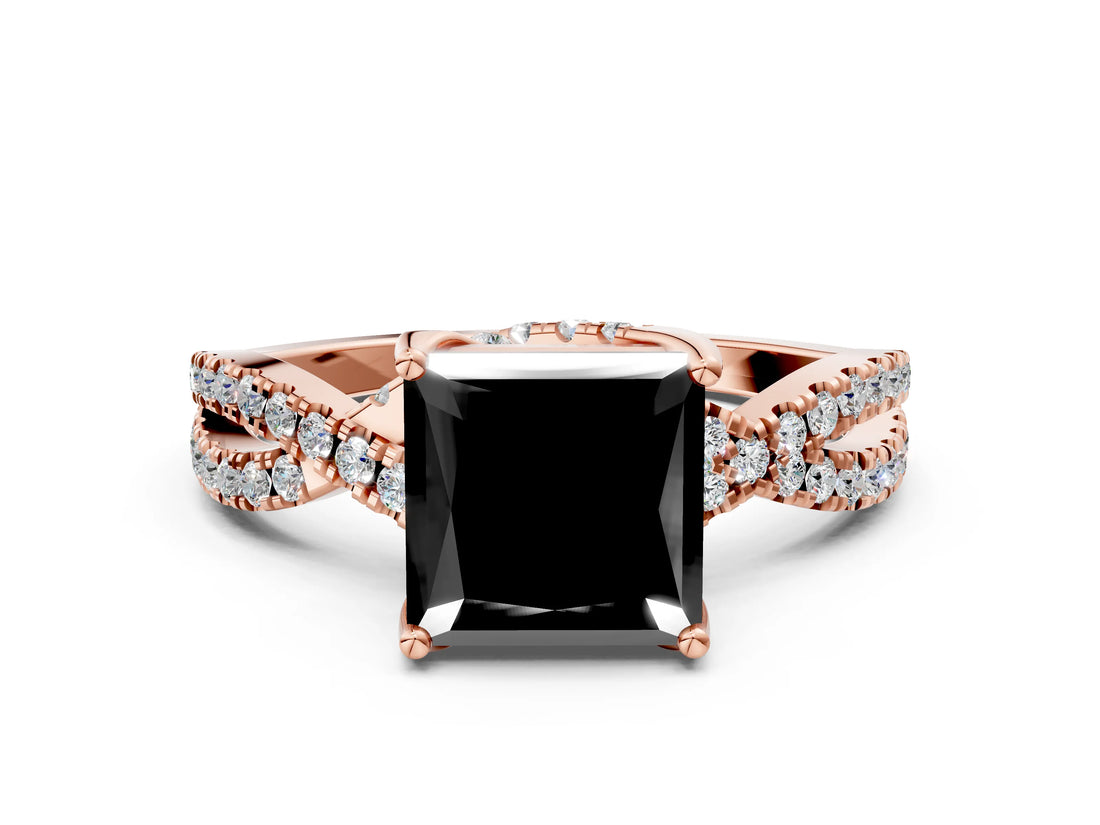 Rose gold Fancy Black Princess Cut Solitaire Twist Pave Diamond Engagement Ring with Prong Setting