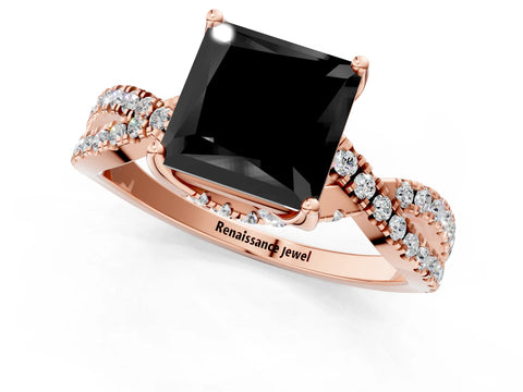 Rose gold Fancy Black Princess Cut Solitaire Twist Pave Diamond Engagement Ring with Prong Setting_1