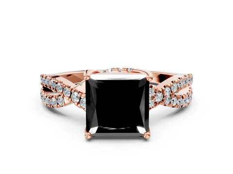 Rose gold Fancy Black Princess Cut Solitaire Twist Pave Diamond Engagement Ring with Prong Setting