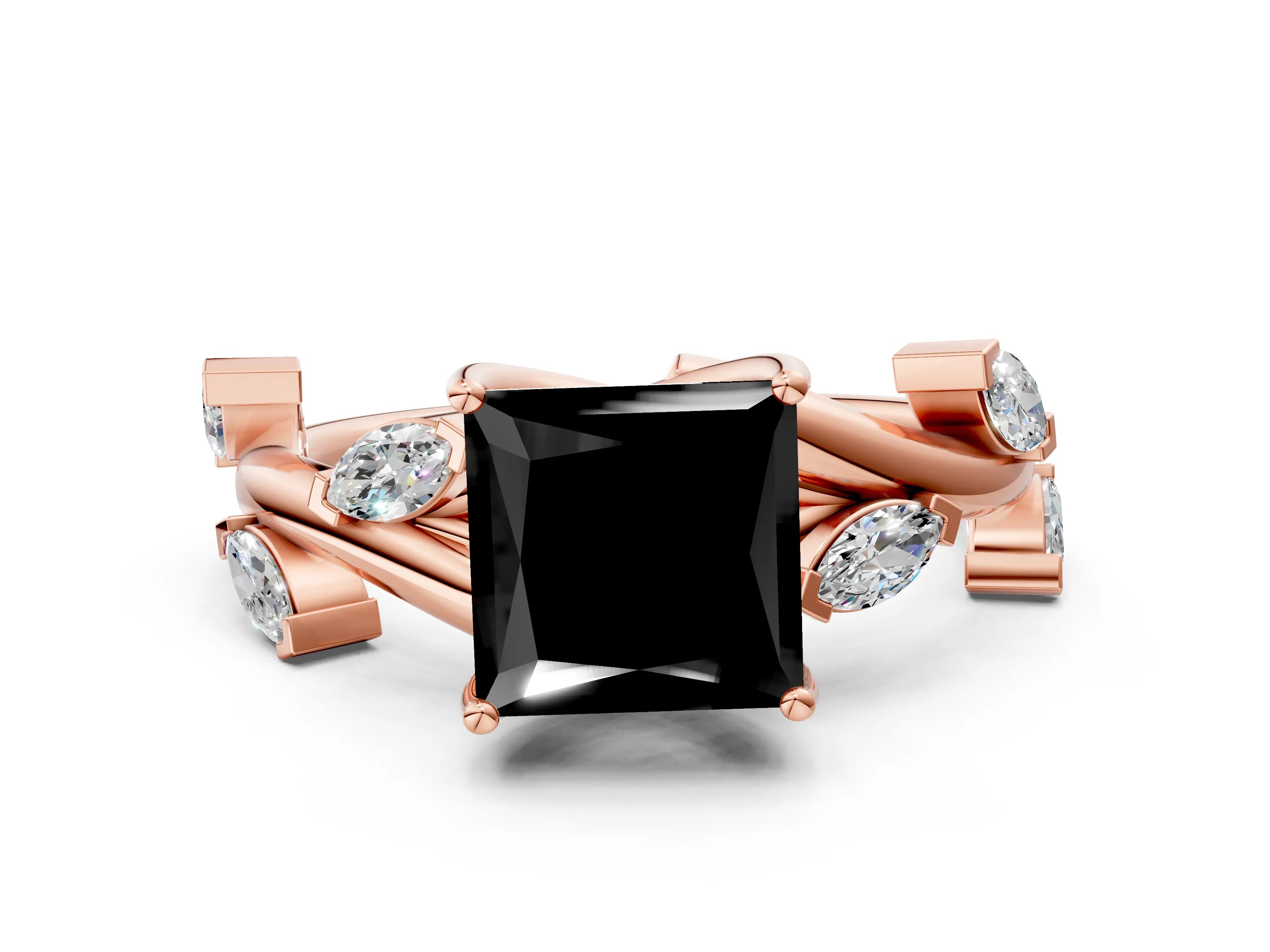 Rose gold Fancy Black Princess Cut Solitaire Twisted Band Marquise Accent Prong Setting Ring