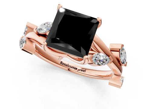 Rose gold Fancy Black Princess Cut Solitaire Twisted Band Marquise Accent Prong Setting Ring_1