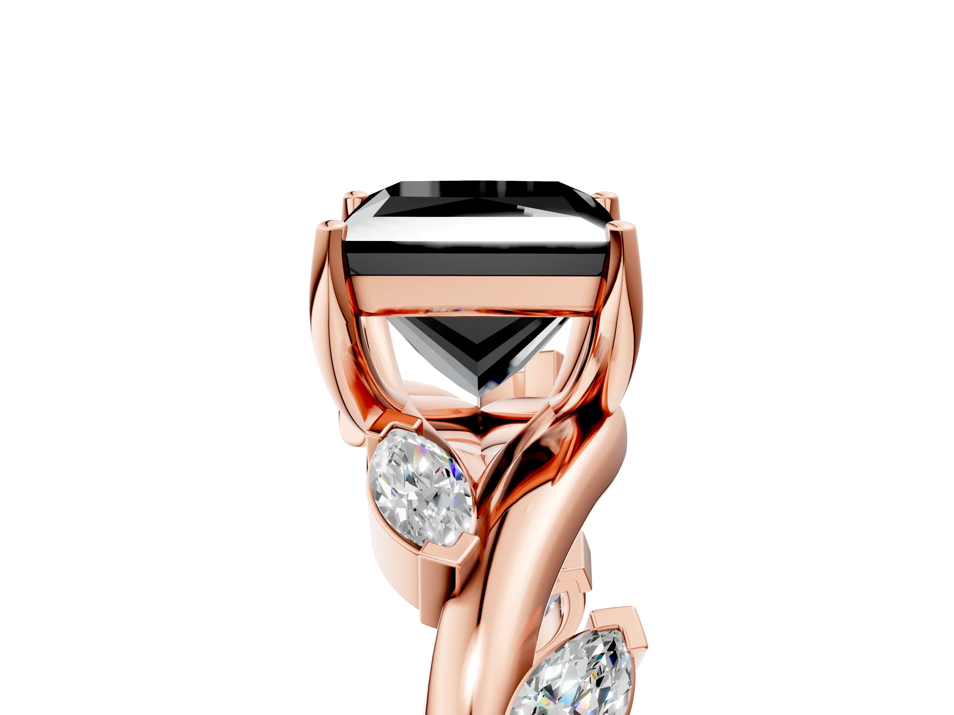 Rose gold Fancy Black Princess Cut Solitaire Twisted Band Marquise Accent Prong Setting Ring_5