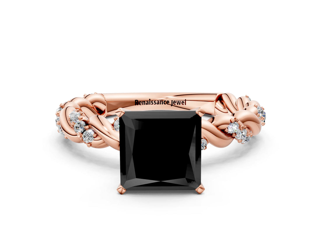 Rose gold Fancy Black Princess Cut Solitaire Twisted Band with Pavé Accents and Four-Prong Setting