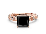 Rose gold Fancy Black Princess Cut Solitaire Twisted Band with Pavé Accents and Four-Prong Setting