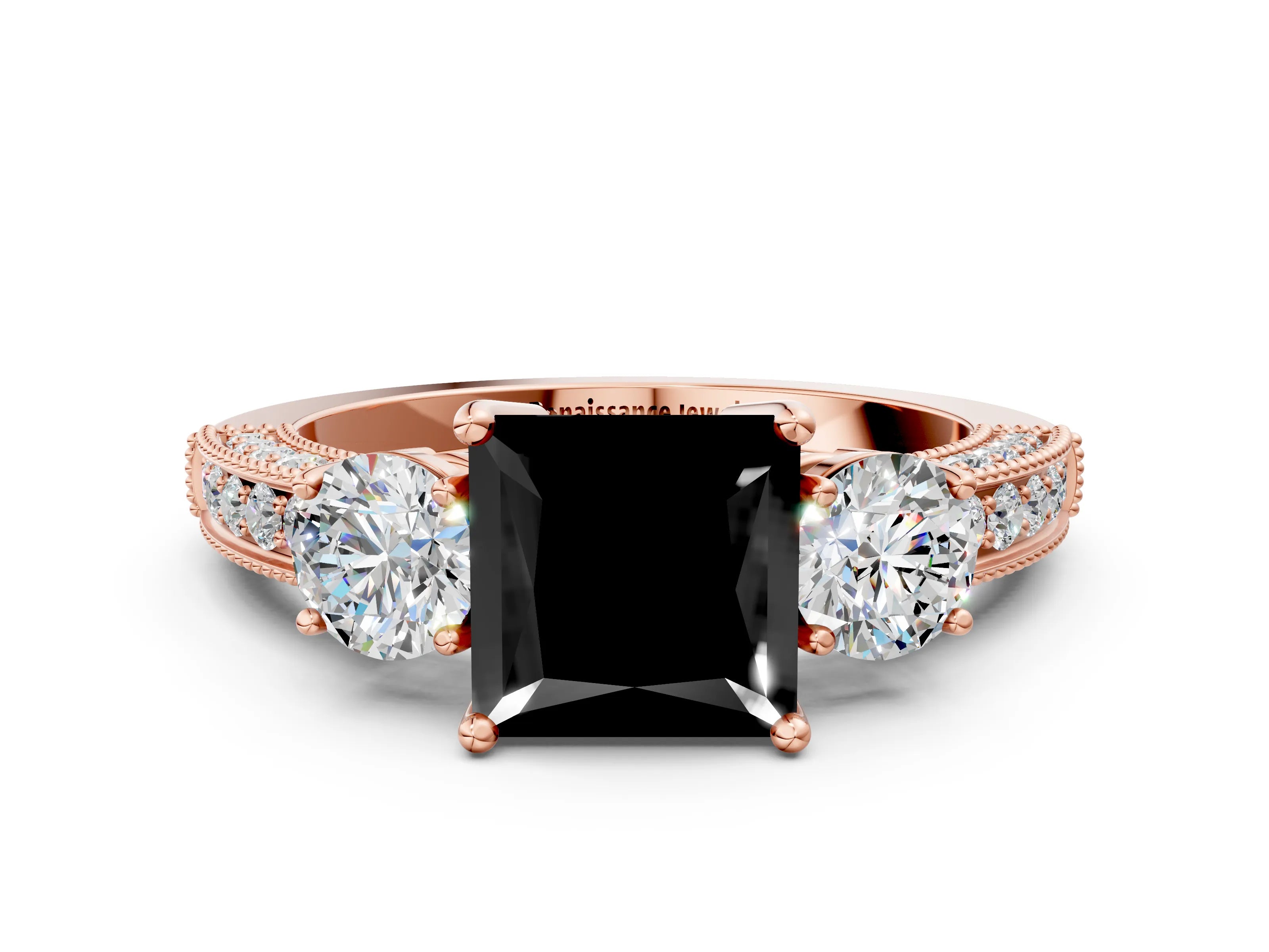 Rose gold Fancy Black Princess Cut Three-Stone Diamond Ring with Pavé Band and Four-Prong Setting