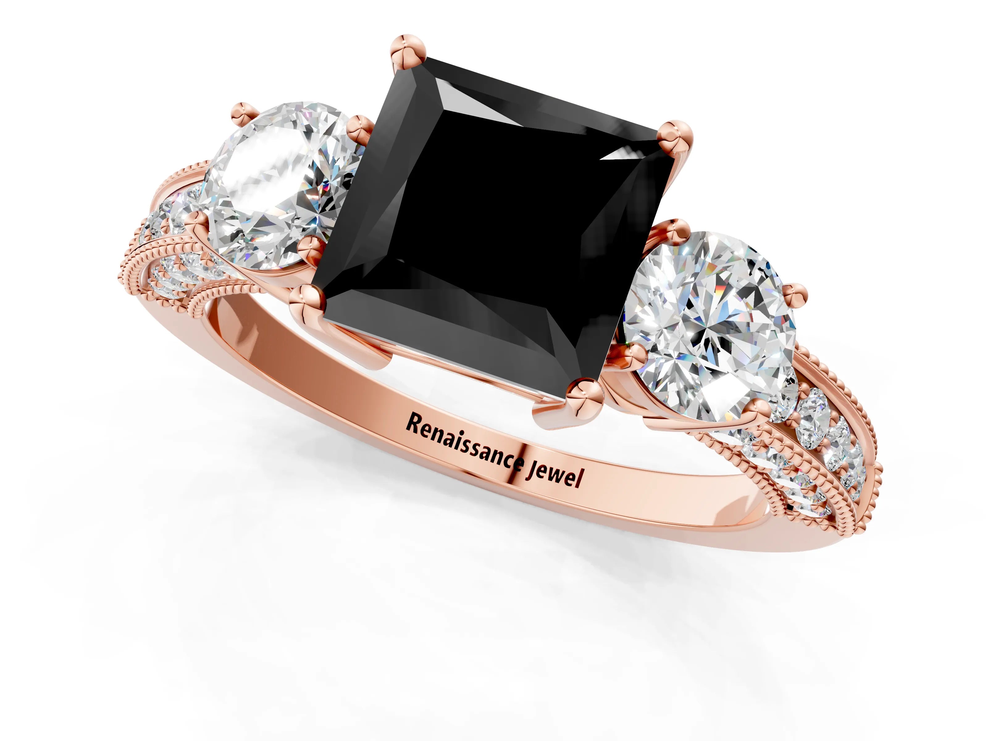 Rose gold Fancy Black Princess Cut Three-Stone Diamond Ring with Pavé Band and Four-Prong Setting_1