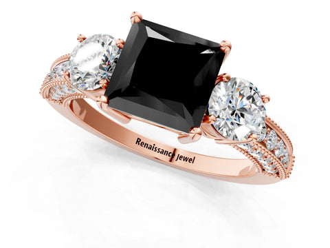 Rose gold Fancy Black Princess Cut Three-Stone Diamond Ring with Pavé Band and Four-Prong Setting_1