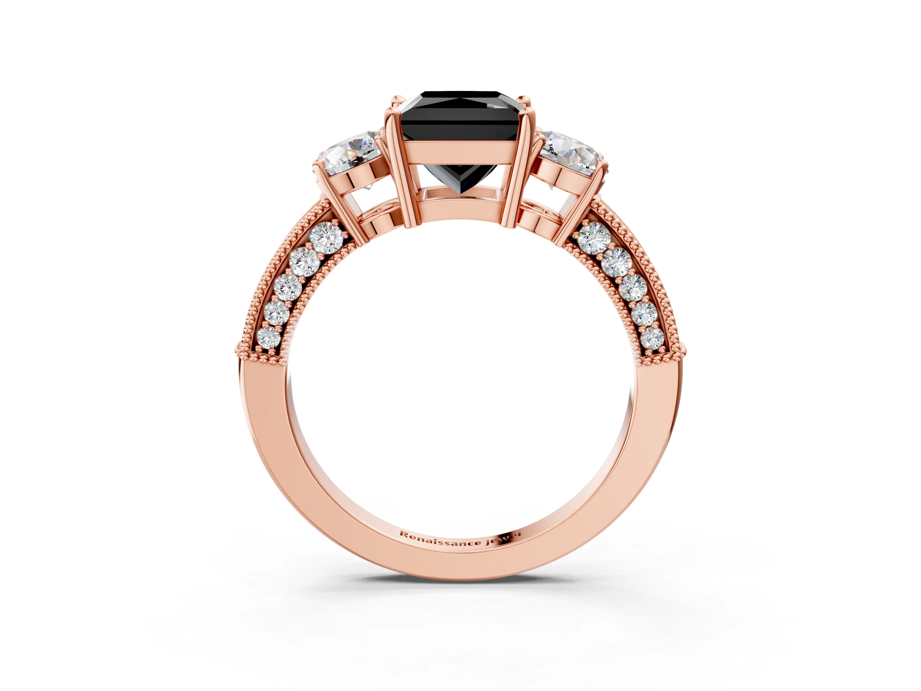 Rose gold Fancy Black Princess Cut Three-Stone Diamond Ring with Pavé Band and Four-Prong Setting_3