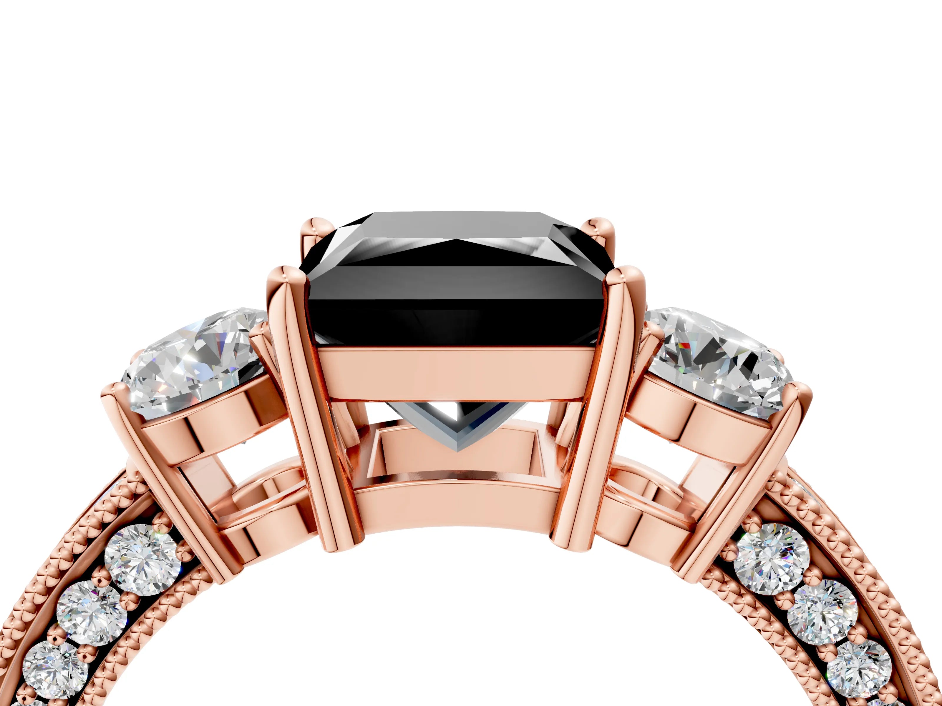 Rose gold Fancy Black Princess Cut Three-Stone Diamond Ring with Pavé Band and Four-Prong Setting_4
