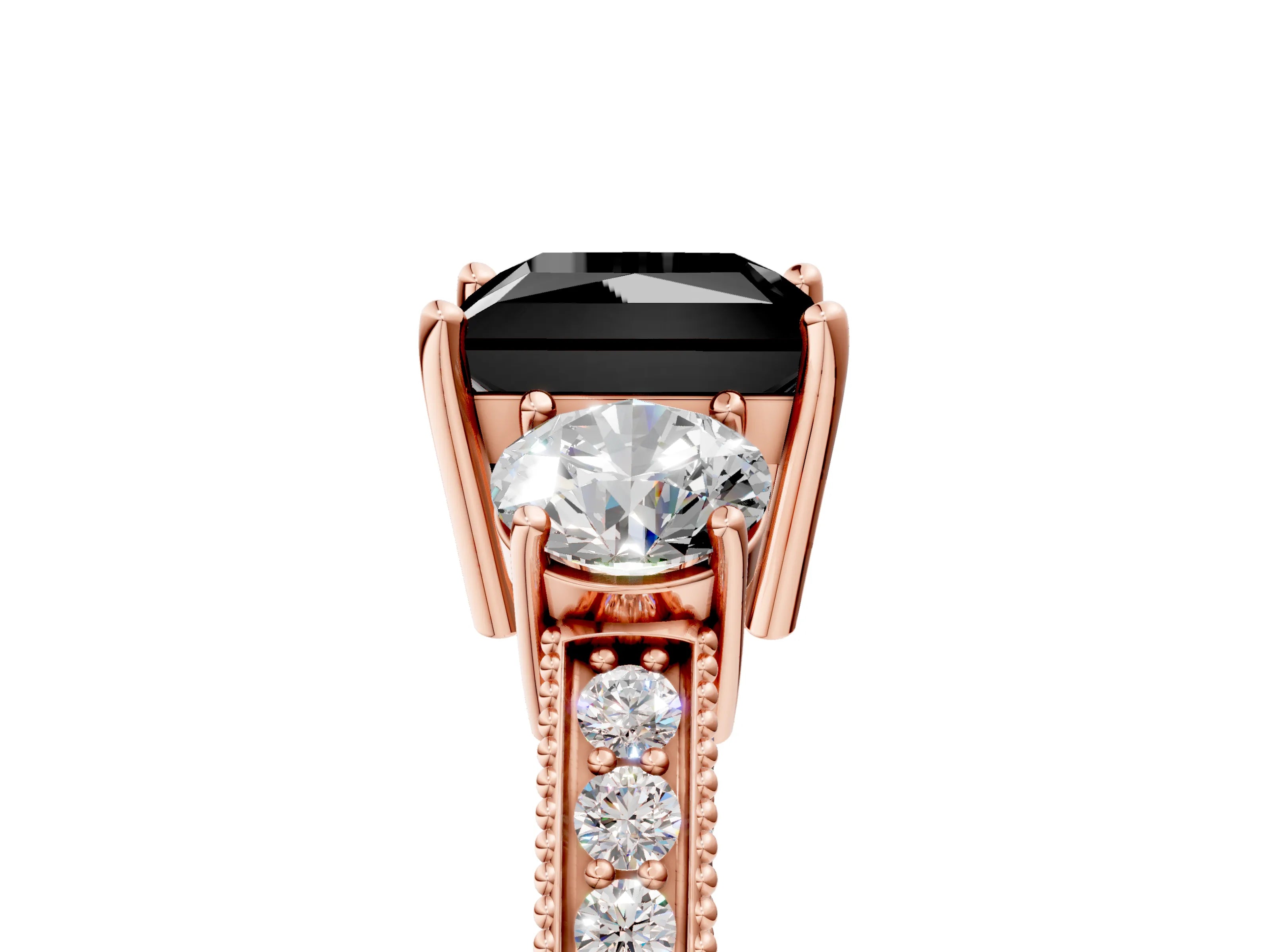 Rose gold Fancy Black Princess Cut Three-Stone Diamond Ring with Pavé Band and Four-Prong Setting_5