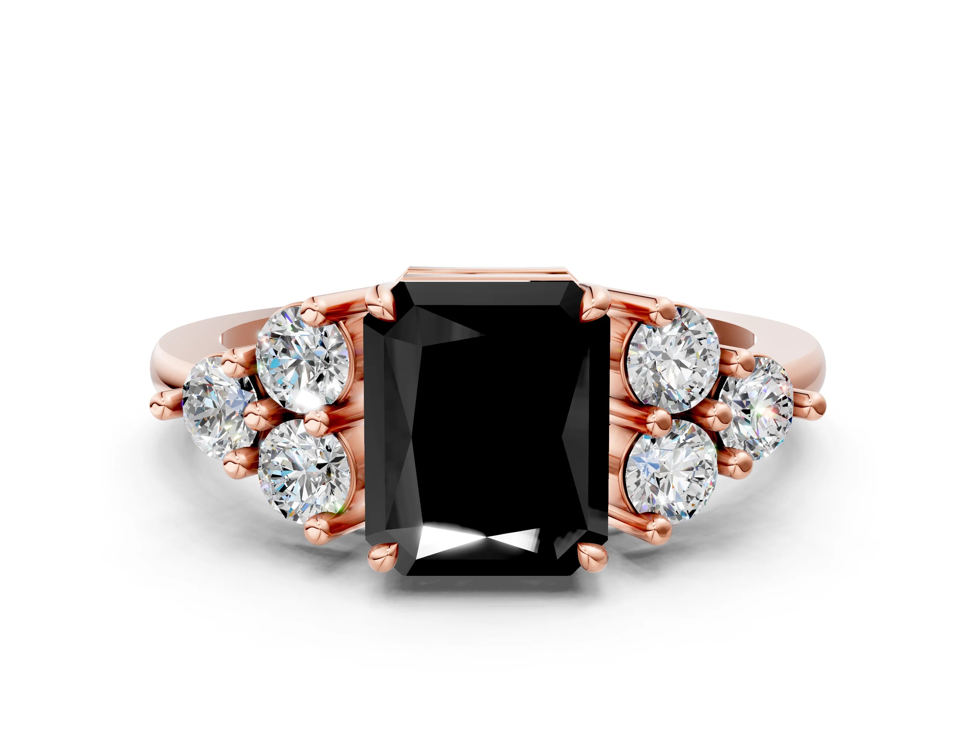 Rose gold Fancy Black Radiant Cut Brilliant Diamond Cluster Accent Solitaire Ring with Prong Setting