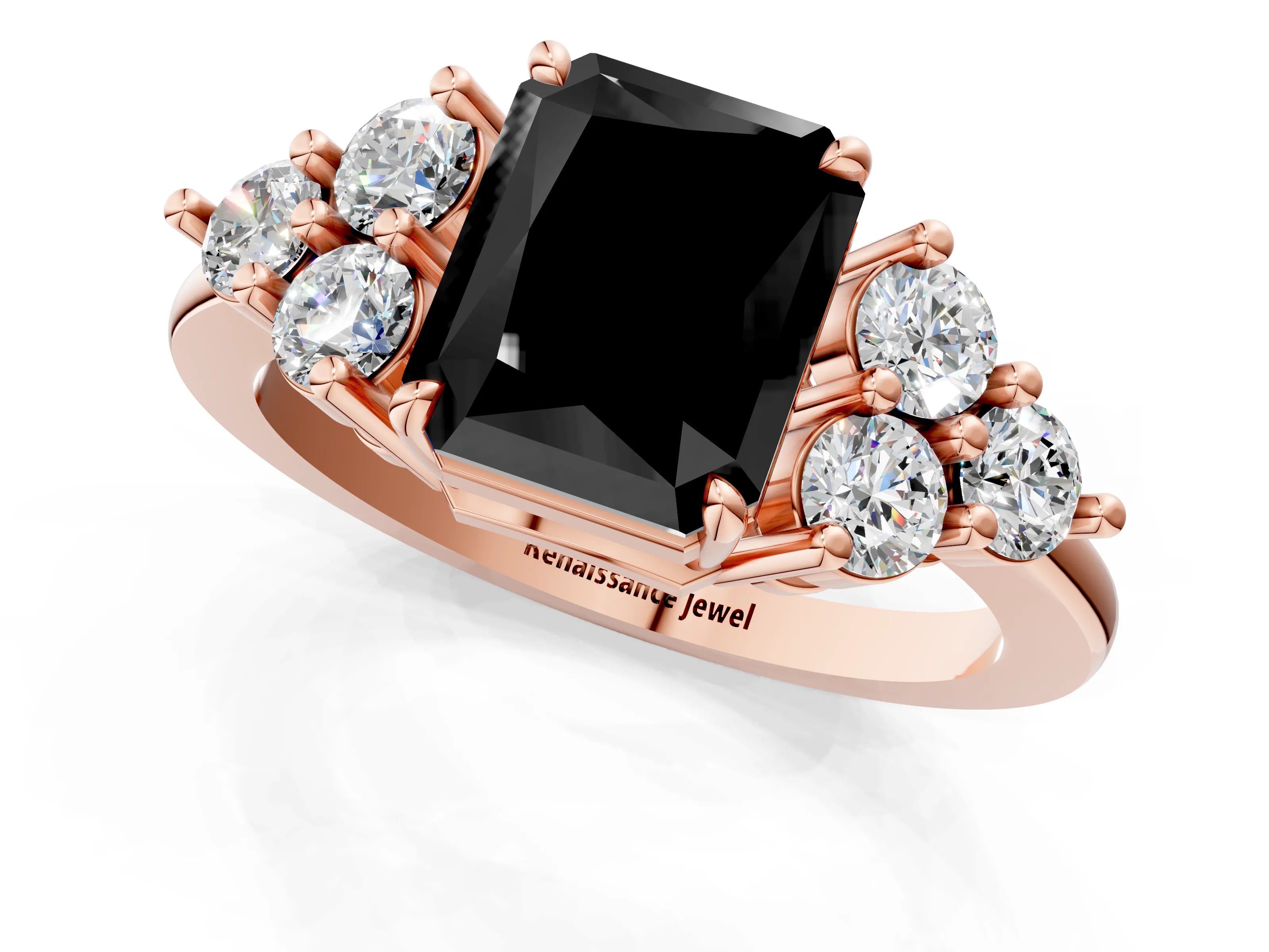 Rose gold Fancy Black Radiant Cut Brilliant Diamond Cluster Accent Solitaire Ring with Prong Setting_1