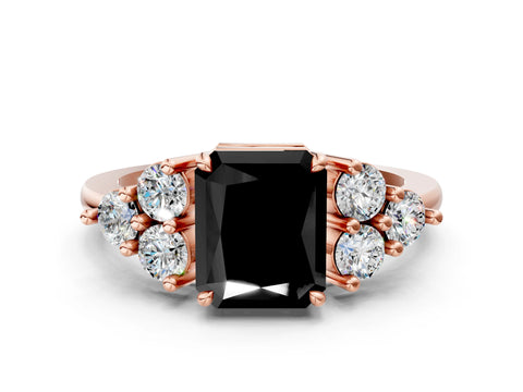 Rose gold Fancy Black Radiant Cut Brilliant Diamond Cluster Accent Solitaire Ring with Prong Setting