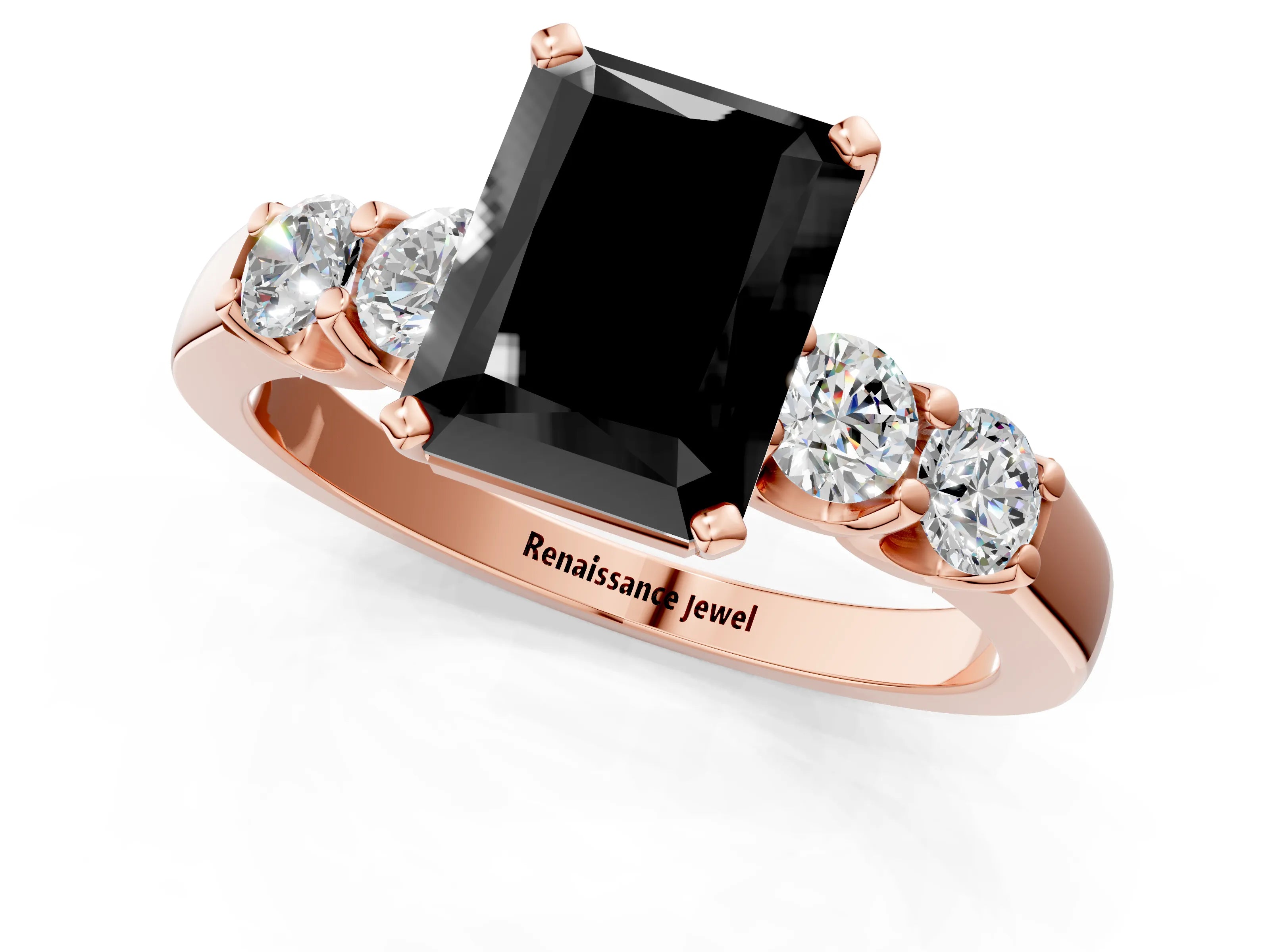 Rose gold Fancy Black Radiant Cut Brilliant Diamond Five-Stone Engagement Ring with Prong Setting on a Classic Band_4