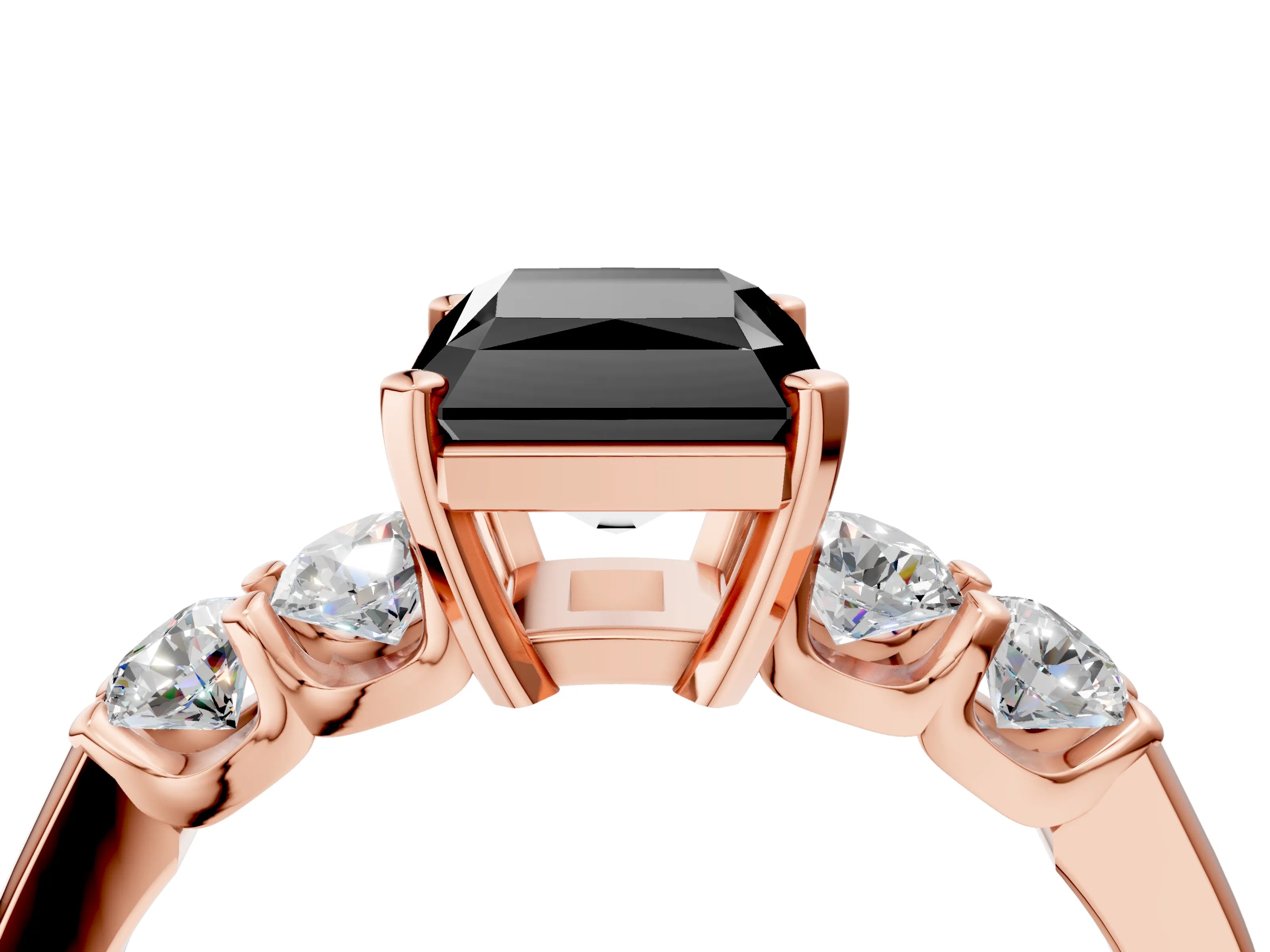 Rose gold Fancy Black Radiant Cut Brilliant Diamond Five-Stone Engagement Ring with Prong Setting on a Classic Band_7