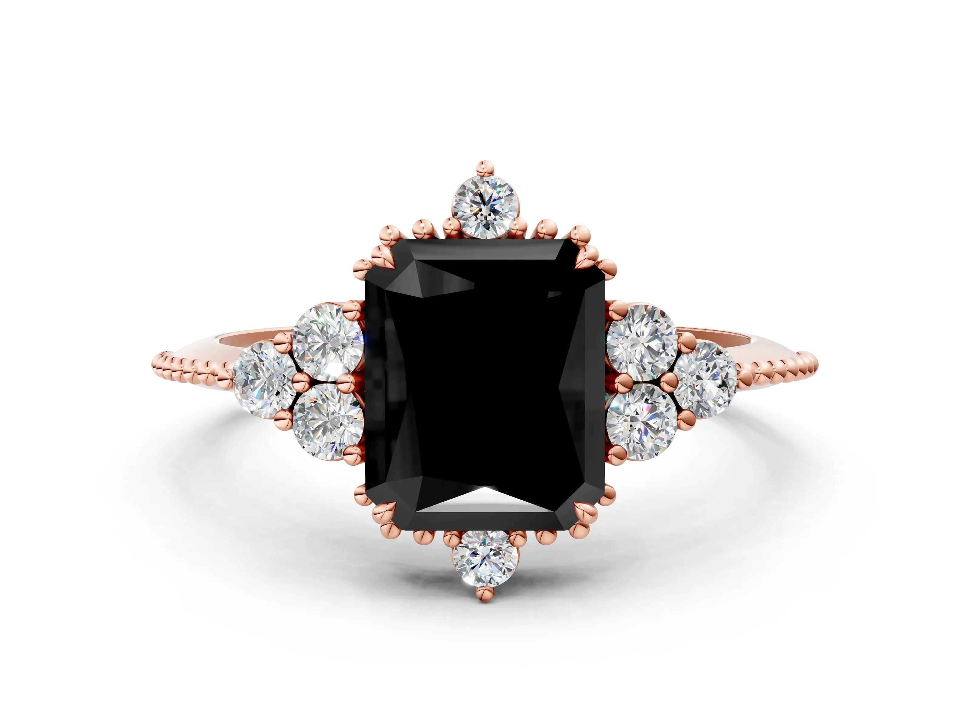 Rose gold Fancy Black Radiant Cut Brilliant Diamond with Cluster Setting on a Beaded Band and Four-Prong Setting