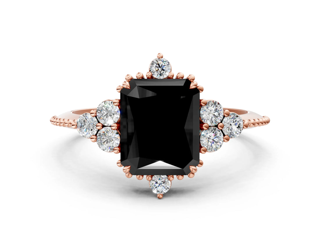 Rose gold Fancy Black Radiant Cut Brilliant Diamond with Cluster Setting on a Beaded Band and Four-Prong Setting