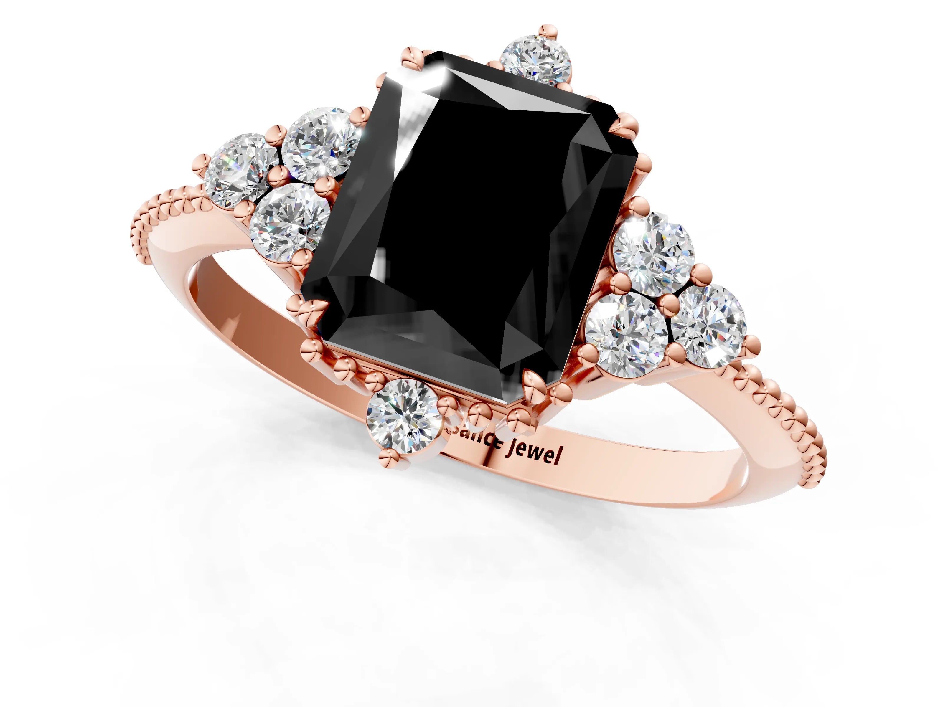 Rose gold Fancy Black Radiant Cut Brilliant Diamond with Cluster Setting on a Beaded Band and Four-Prong Setting_1