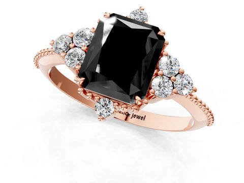 Rose gold Fancy Black Radiant Cut Brilliant Diamond with Cluster Setting on a Beaded Band and Four-Prong Setting_1