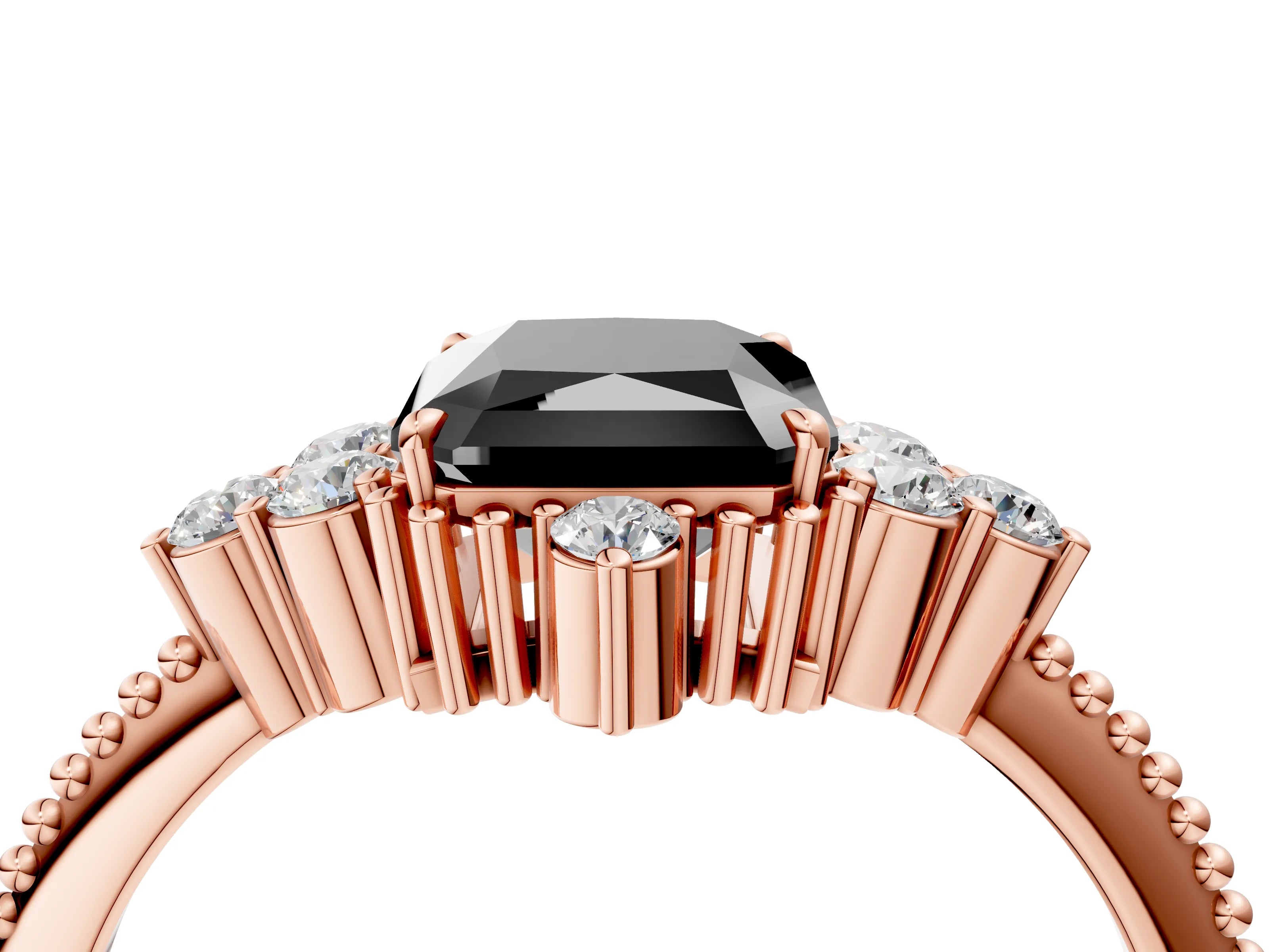 Rose gold Fancy Black Radiant Cut Brilliant Diamond with Cluster Setting on a Beaded Band and Four-Prong Setting_4